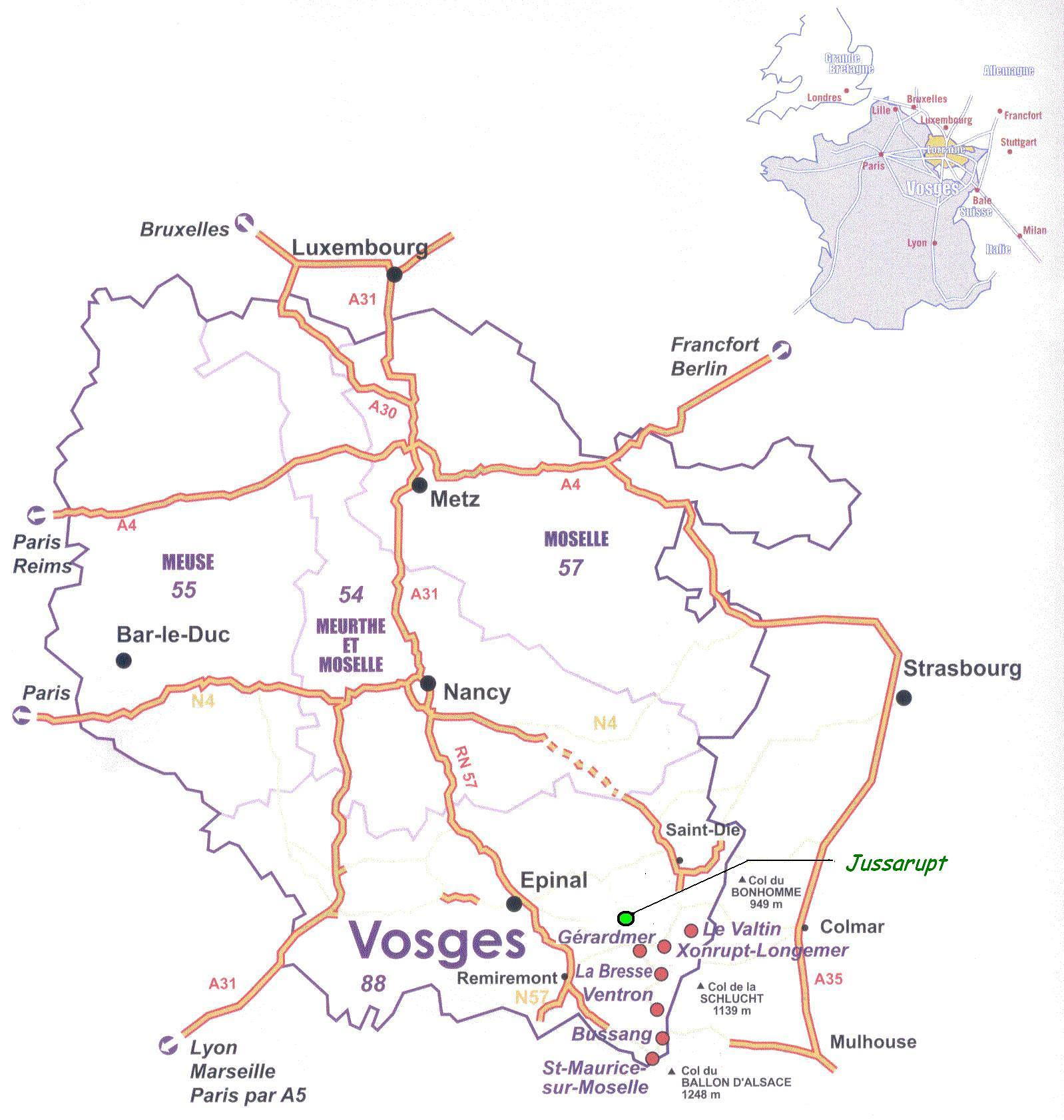 JUSSARUPT se trouve au centre du triangle
NANCY - STRASBOURG - MULHOUSE.


Venant de Nancy :

Vous arrivez par la N57 jusqu'� Epinal,
la D11 jusqu'� Docelles,
puis la D44 jusqu'� Bruy�re,
enfin la D423 jusqu'� Laveline-devant-Bruy�re.

A la sortie de Laveline-devant-Bruy�res :

Prendre la D50d direction Jussarupt.